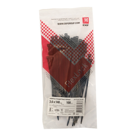 Хомут P6,6 стандартный (ч), 3,6x140 (100шт) FlexLock PROxima EKF