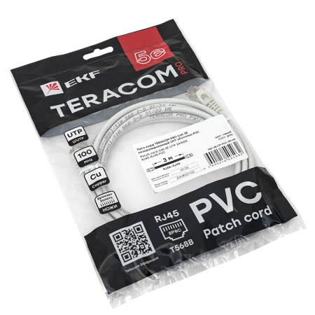 Патч-корд TERACOM Cat,5E (1Гбит/с) неэкранированный UTP оболочка PVC серый (3м) EKF