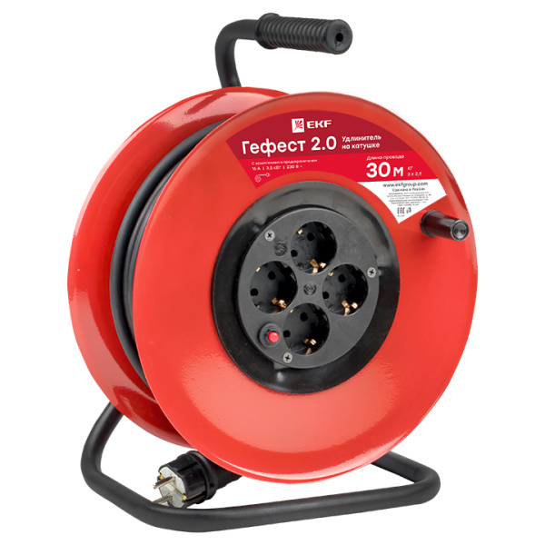 Удлинитель на катушке "Гефест 2,0" 4 гнезда 30м с заземлением и предохранителем КГ 3*2,5 16А/3,5кВт PROxima EKF