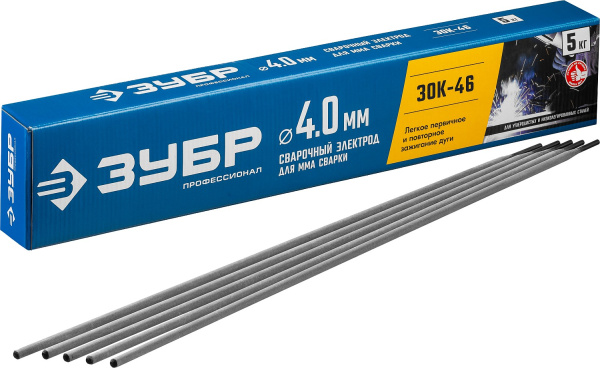 Электрод сварочный ЗОК-46 рутил-целлюлозный, d 4.0 х 450 мм, 5 кг в коробке, Профессионал. ЗУБР