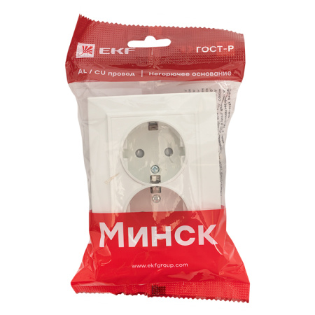 Минск Розетка 2-местная СП с заземлением 16А белая с защ, штор, EKF