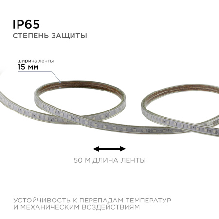 O17-10 Светодиодная лента 220В, 8Вт/м, smd5050, 60д/м, IP65, размер 15х7мм, 50м, RGB (шнур - PS3-52) APEYRON