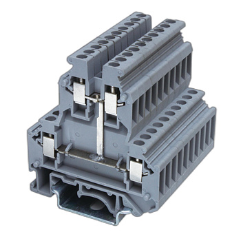 Клемма двухуровневая, винтовой зажим, 4 точки подключения, уровни соединены перемычкой, 2.5 кв.мм, серая DKC