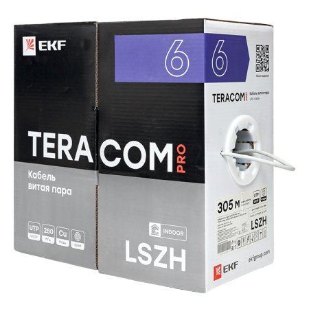 Кабель витая пара TERACOM PRO Cat,6 U/UTP 4 пары solid 23AWG оболочка LSZH нг(А)-HF цвет серый (упак, 305м) EKF