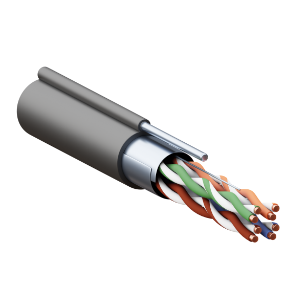 Кабель витая пара TERACOM PRO Cat,5E F/UTP 4 пары solid 24AWG с тросом сталь 1,2 мм оболочка LDPE цвет черный (катушка 305м) EKF