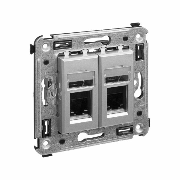 Телефонная розетка RJ-12 в стену двойная, "Avanti", "Закаленная сталь" DKC