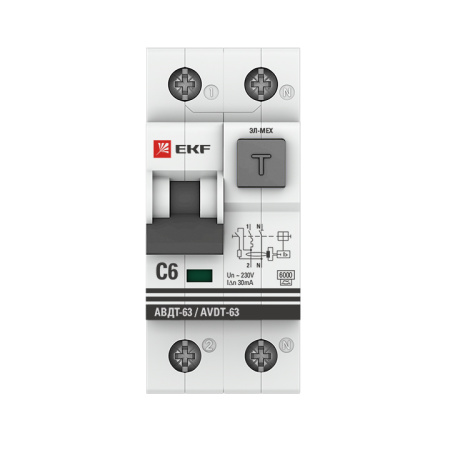 Дифференциальный автоматический выключатель АВДТ-63 6А 30мА (характеристика С, эл-мех, тип А) 6кА PROxima EKF