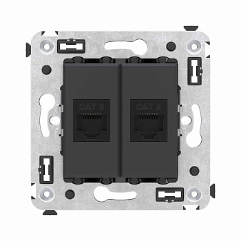 Компьютерная розетка RJ-45 без шторки в стену, кат.6 двойная, "Avanti", "Черный матовый" DKC