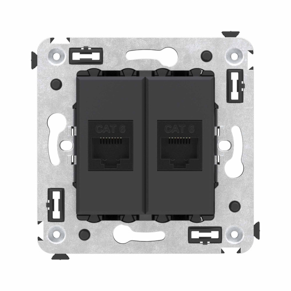 Компьютерная розетка RJ-45 без шторки в стену, кат.6 двойная, "Avanti", "Черный матовый" DKC