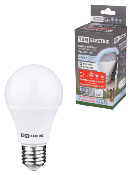 Лампа светодиодная А60 - 10 Вт-230 В -4000 К–E27 3 режима яркости "Лампа-ДИММЕР" TDM