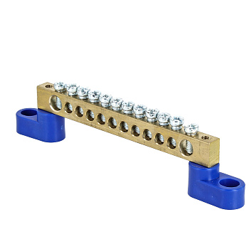 Шина "0" N (8х12мм) 12 отверстий латунь 2 синих угловых изолятора PROxima EKF