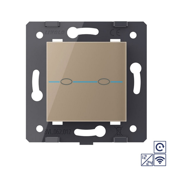 Двухклавишная сенсорная кнопка Quadro 12/24В с радиоупр., цвет золотой (механизм) Livolo