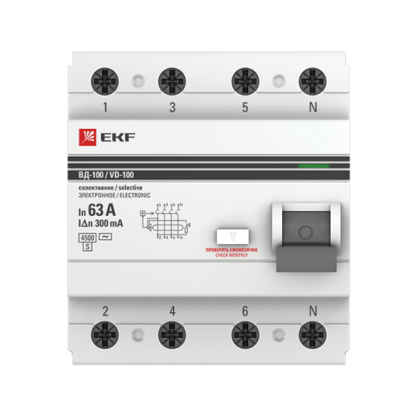 Устройство защитного отключения ВД-100 селективное УЗО 4П 63А (электронное) 4,5кА 300мА PROxima EKF