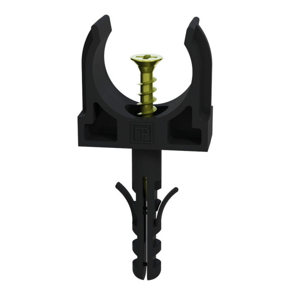 Крепеж-клипса с дюбелем и саморезом черная d25 мм (100шт/900шт уп/кор) Промрукав