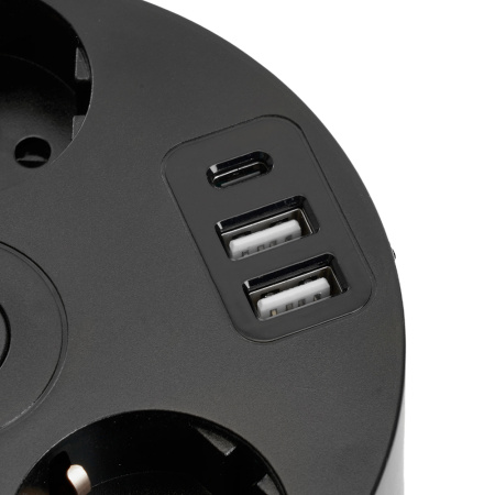 HM10-51-01 Удлинитель 5-местный с/з, 3x1мм², 2.5м, 250В, 16А, 2USB+С 5V 3,1А, серия Comfort, черный STEKKER