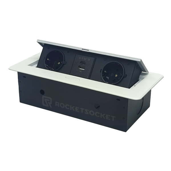 Розетка горизонтальная выдвижная 2 Euro 16A, USB type A+C с блоком 18W RocketSocket, цвет белый