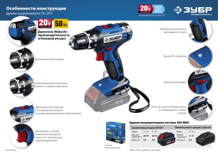 20В, без АКБ, в коробке, дрель-шуруповерт, Профессионал. DL-201 ЗУБР