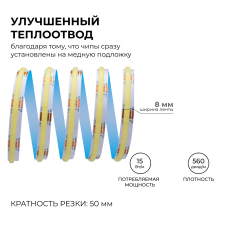00-492 Светодиодная лента 24В, 10 Вт/м, COB CCT, 560д/м, IP20, 900лм/м, ширина подложки 8мм, 5м, CRI 90+, 3000К+6500К APEYRON