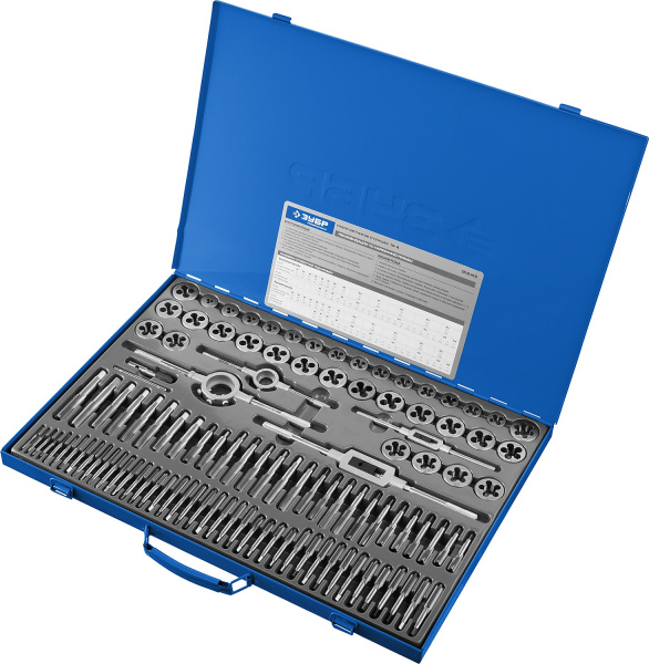 110 предметов, набор метчиков и плашек, сталь Р6М5 ЗУБР