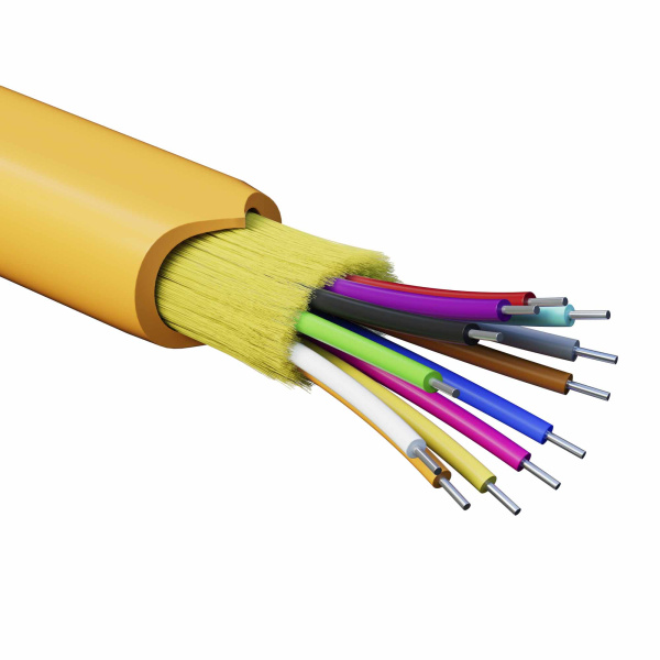 Кабель волоконно-оптич., расп.,арамидные упр.нити, внутр., нг(A)-HFLTx, 12 ОВ, категорияOM2 (G.651.1) плотный буфер, 0,4 кН, барабан 2000 м DKC