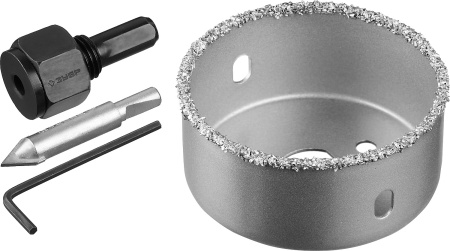 Коронка-чашка "Профессионал" c карбид-вольфрамовым нанесением, 64 мм, высота 25 мм, в сборе с державкой и сверлом ЗУБР