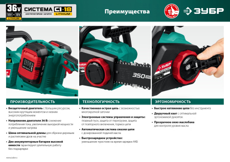 36В бесщеточная пила цепная, 2х18В АКБ (4Ач). ПЦЛ-3635-42 ЗУБР