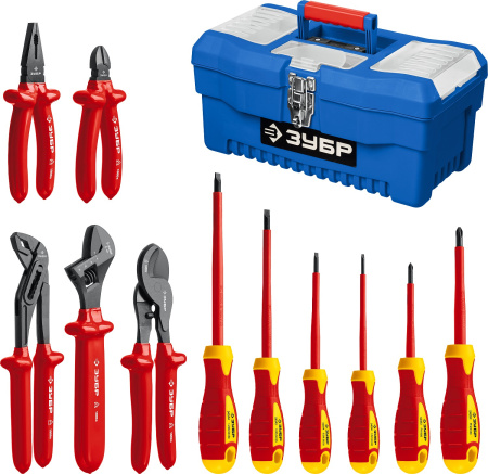 Набор: Губцевый инструмент, диэлектрический, высоковольтный до ~1000В, маслобензостойкая рукоятка, 12предм, Профессионал 2214-H12 ЗУБР