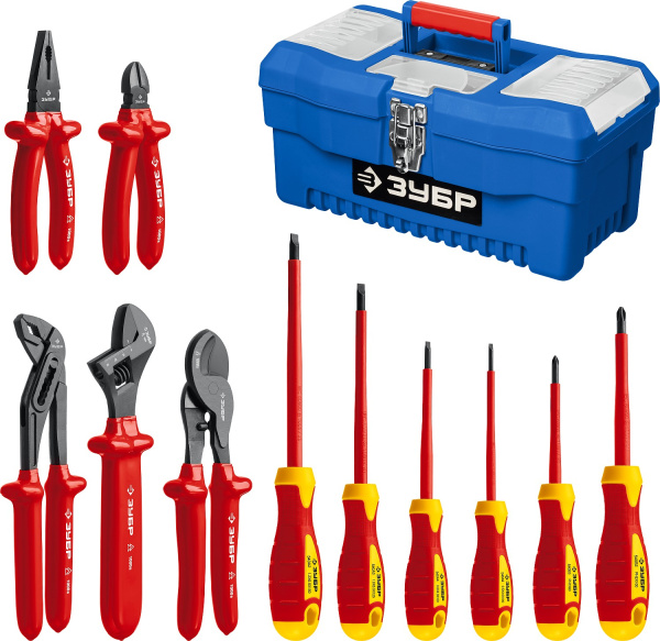 Набор: Губцевый инструмент, диэлектрический, высоковольтный до ~1000В, маслобензостойкая рукоятка, 12предм, Профессионал 2214-H12 ЗУБР