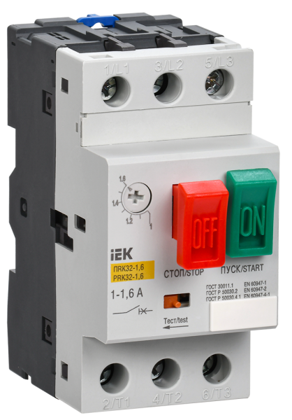 Пускатель ручной кнопочный ПРК32-1,6 In=1,6A Ir=1-1,6A 660В IEK