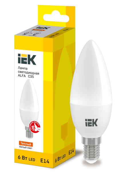 Лампа светодиодная ALFA C35 свеча 6Вт 230В 3000К E14 IEK
