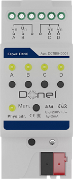 Donel KNX Бинарный вход 4-канальный Вход 0–265 В AC/DC, макс. 2 мА, 0–3 В для «0», 9–265 В для «1», длина кабеля ≤100 м (1,5 мм2) Cерия DKNX