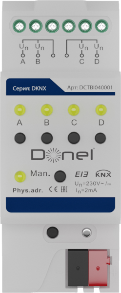 Donel KNX Бинарный вход 4-канальный Вход 0–265 В AC/DC, макс. 2 мА, 0–3 В для «0», 9–265 В для «1», длина кабеля ≤100 м (1,5 мм2) Cерия DKNX