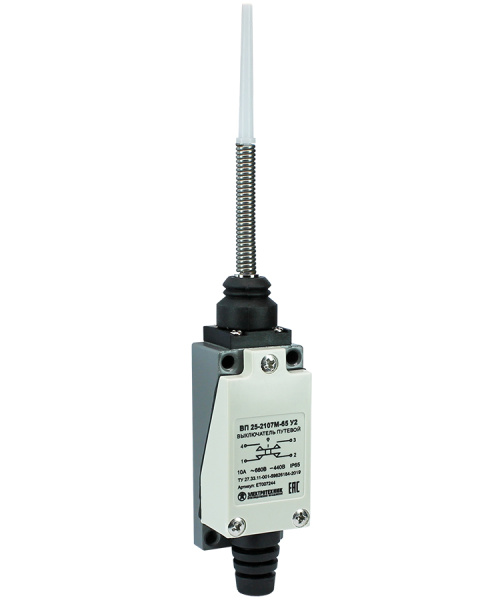 Выключатель путевой ВП 25-2107М-65 У2, рычаг пружинный с пластиковым наконечником, 1з+1р, безинерционный, 21х56 мм, 3А, IP65 Электротехник