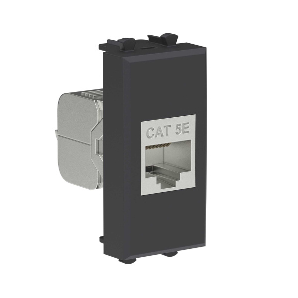 Компьютерная розетка RJ-45 без шторки модульная, кат.5е экранированная, "Avanti", "Черный матовый", 1 модуль DKC