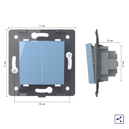 Двухклавишный проходной механический выключатель, цвет синий (механизм) Livolo