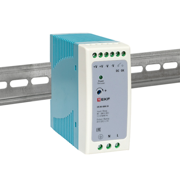 Блок питания на DIN рейку 40Вт, Uвх ~ 220 В AC m, Uвых - 24 В DC постоянного тока EKF