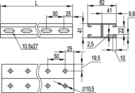 Двойной С-образный профиль 41х41, L2000, толщ.2,5 мм, горячеоцинкованный DKC