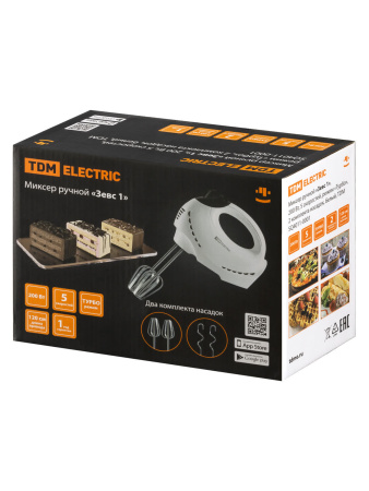 Миксер ручной «Зевс 1», 200 Вт, 5 скоростей, режим «Турбо», 2 комплекта насадок, белый, TDM