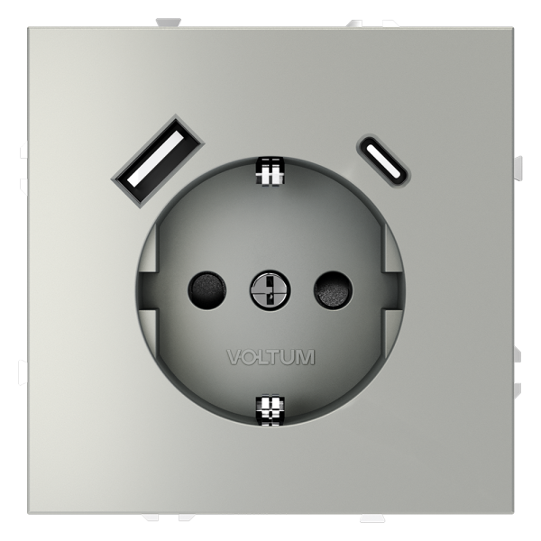 Розетка встраиваемая Voltum S70 с заземлением и защитными шторками, 16А, с USB, A+C, (сталь)