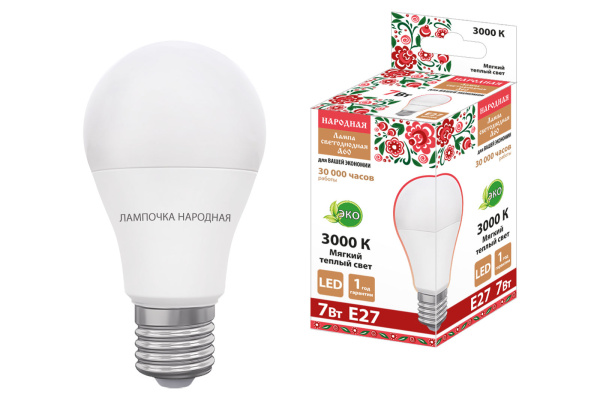 Лампа светодиодная НЛ-LED230-A60-7 Вт-230 В-3000 К-Е27, (60x106 мм), Народная TDM