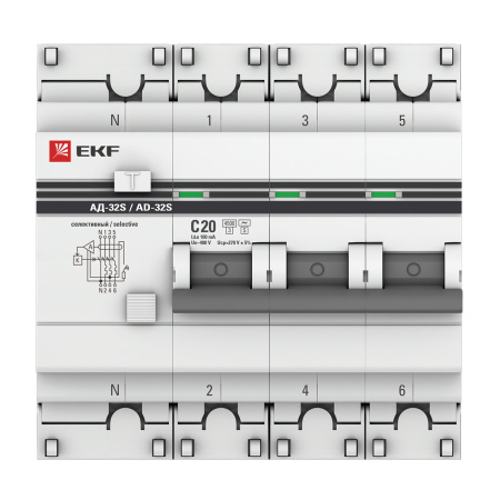 Дифференциальный автоматический выключатель АД-32 (селективный) 3П+N 20А 100мА PROxima EKF
