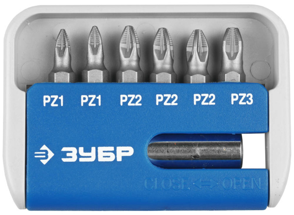 Набор : Биты с магнитным адаптером, хромомолибденовая сталь S2, PZ1(2шт), PZ2(3шт), PZ3(1шт), 7 пред ЗУБР