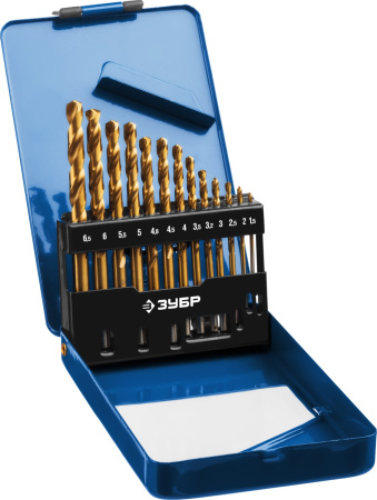 ТИТАН 13шт(1.5-6.5мм), Набор сверл по металлу, сталь Р6М5, класс А, титановое покрытие (B) ЗУБР