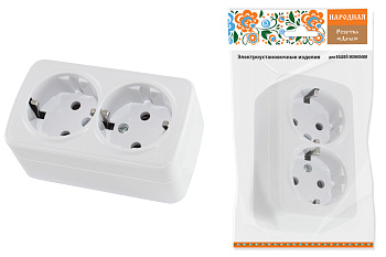 Розетка двойная 2П+3 открытой установки IP20 16А, белая "Дача" Народная
