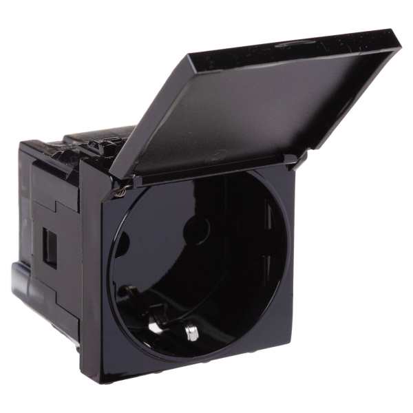 Розетка с крышкой модульная, 2P+E, с з/ш, "Avanti", "Черный квадрат", 2модуля DKC