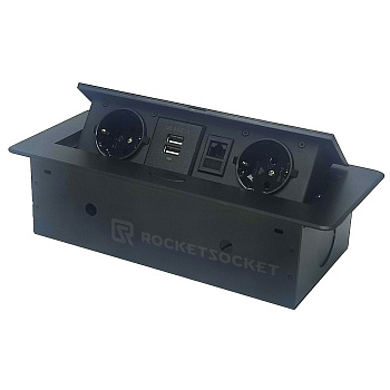 Розетка горизонтальная выдвижная 2 Euro 16A, 2 USB A с блоком 5В/2.1А, RJ45 RocketSocket, цвет черный
