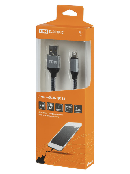 Дата-кабель, ДК 12, USB - Lightning, 1 м, тканевая оплетка, серый, TDM