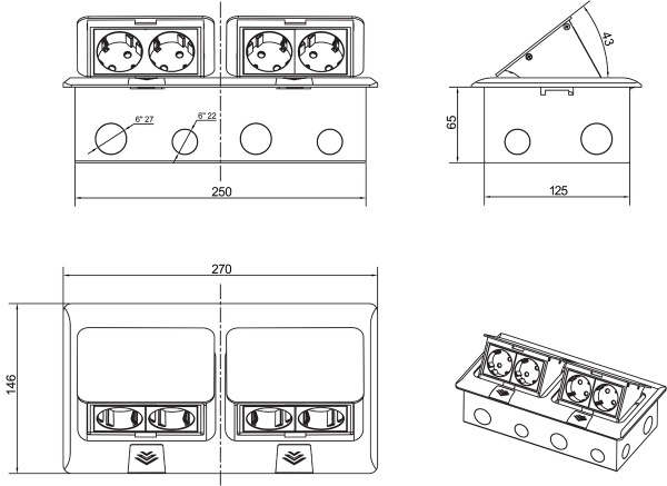 Donel Выдвижной блок 8 (4+4) мод. латунь (с уст. набором)