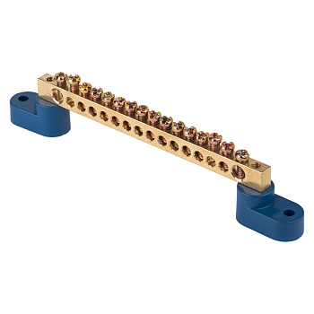 Шина "0" N (6х9мм) 16 отверстий латунь 2 синих угловых изолятора PROxima EKF