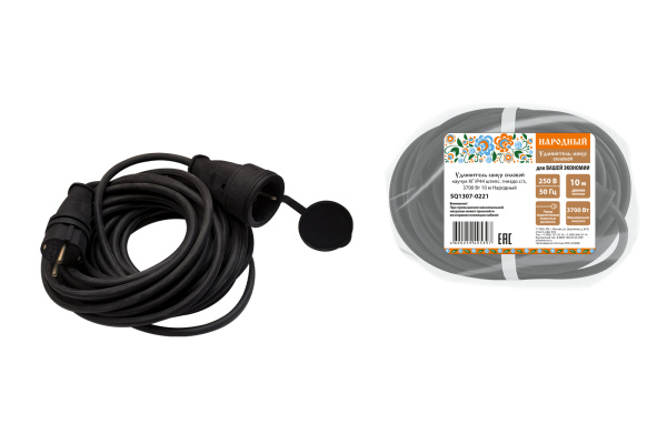 Удлинитель-шнур силовой каучук КГ IP44 штепс. гнездо с/з, 3700 Вт 10м Народный TDM